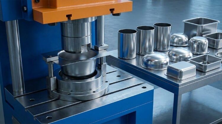 Prensa industrial estampando moldes de aluminio con distintas formas: redondas, cuadradas y semiesféricas